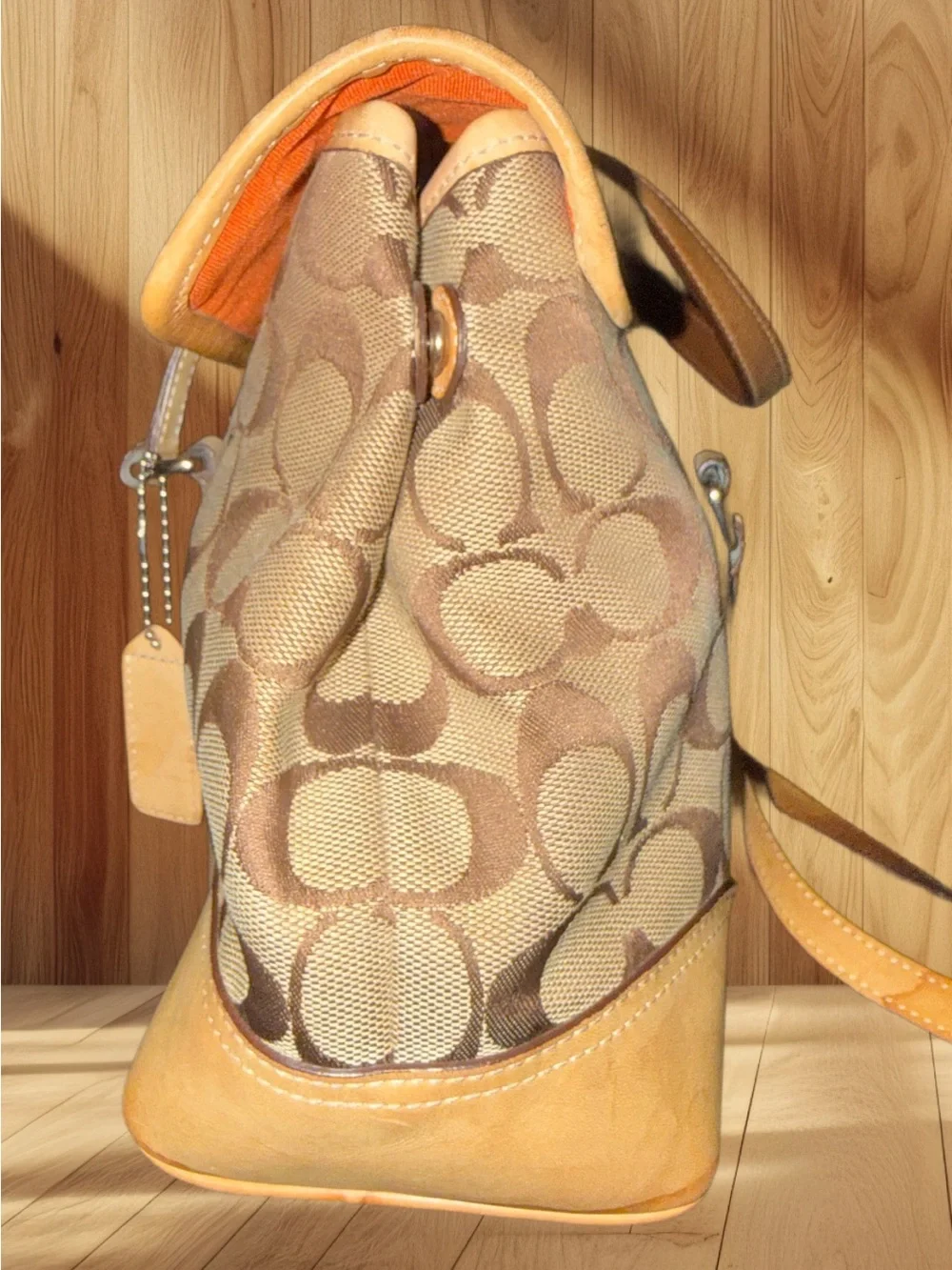 Coach Brown Signature Canvas Shoulder Bag with Tan Leather Trim